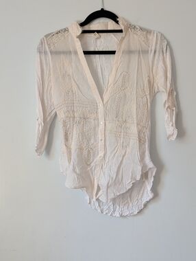 Women's Cream Embroidered Button-Front Shirt - Lightweight V-Neck
